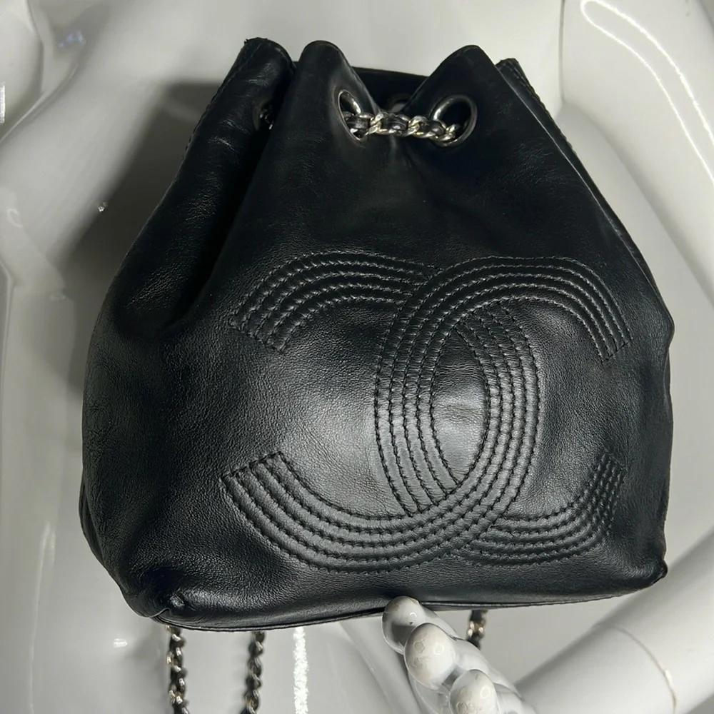 Chanel Black Leather Mini Backpack Bucket Bag Dustbag and Authenticity Card